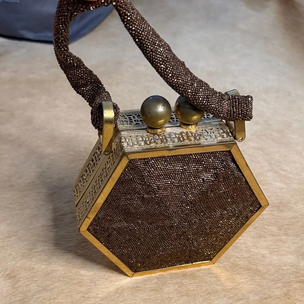 Vintage Copper Beaded Hexagon Evening Bag - Art Deco Style